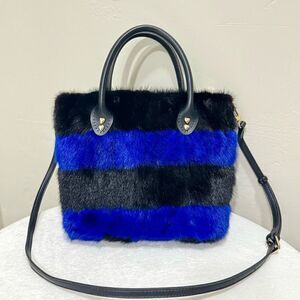Striped Colorblock Handmade Real Mink Fur Mini Tote, Top Handle Bag, Crossbody